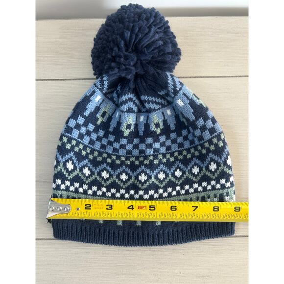 Womens Gap Beanie Winter Hat with Pom Pom Green Blue White Pattern - Picture 2 of 5